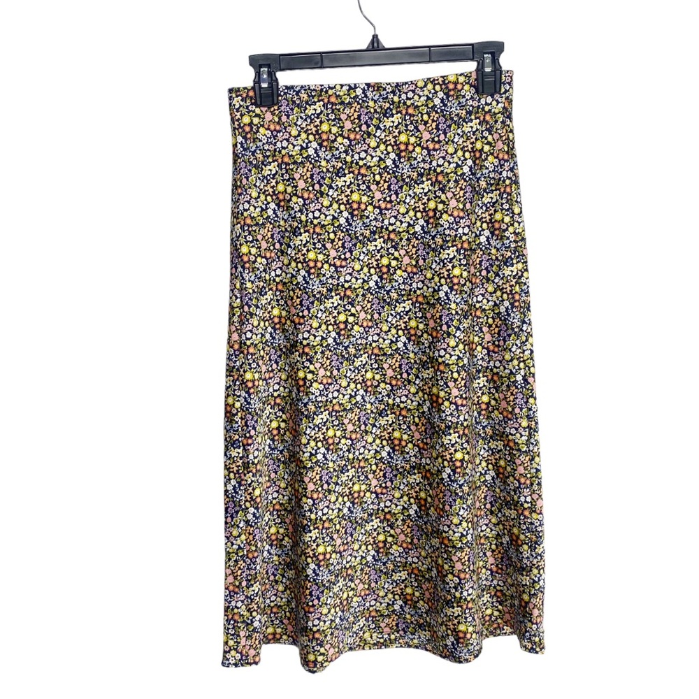 LOFT micro floral satin midi skirt navy blue XS